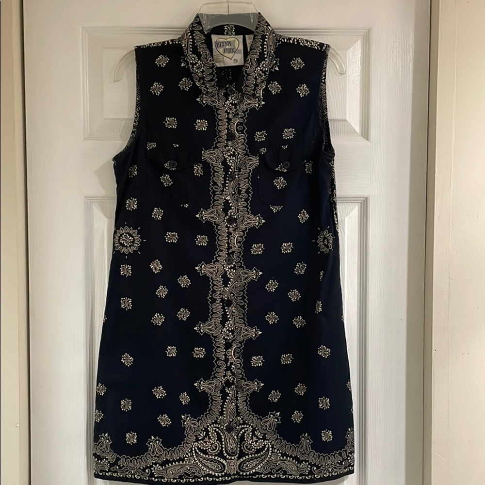 ULTRA PINK Sleeveless Button Front Shirt Dress Black Paisley Boho Women's Size L